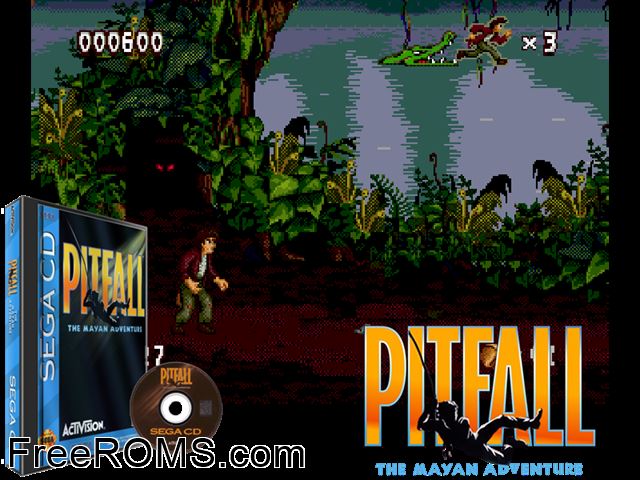 Pitfall - the Mayan Adventure Sega CD game showing 3D box cover and gameplay screenshot