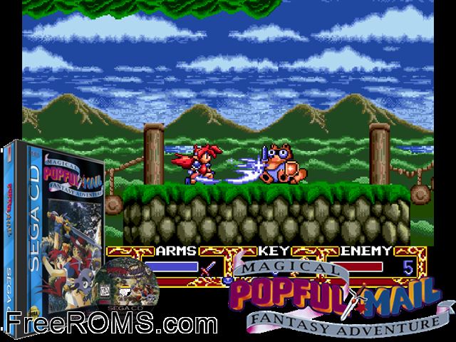 Popful Mail Sega CD game showing 3D box cover and gameplay screenshot