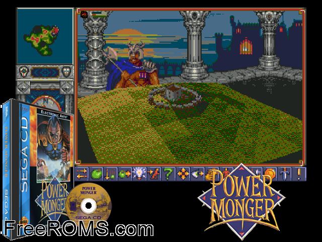 Power Monger Sega CD game showing 3D box cover and gameplay screenshot