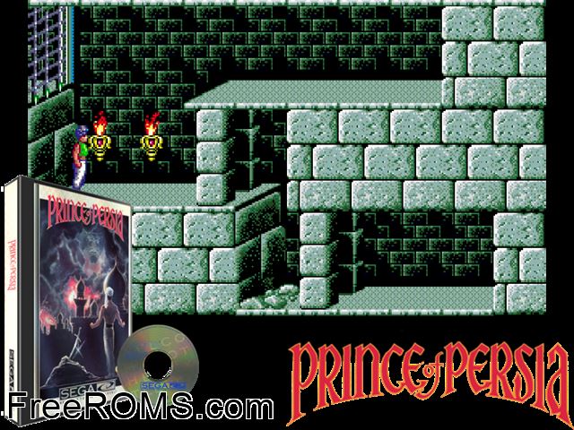 Prince of Persia Sega CD game showing 3D box cover and gameplay screenshot