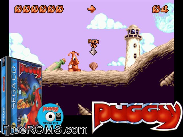 Puggsy Sega CD game showing 3D box cover and gameplay screenshot