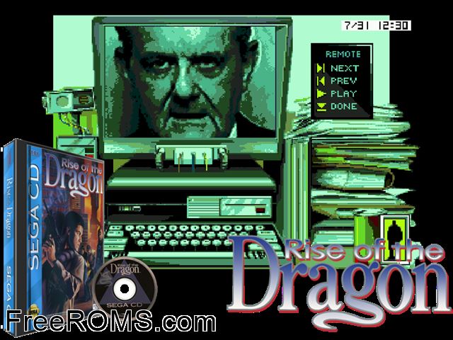 Rise of the Dragon Sega CD game showing 3D box cover and gameplay screenshot