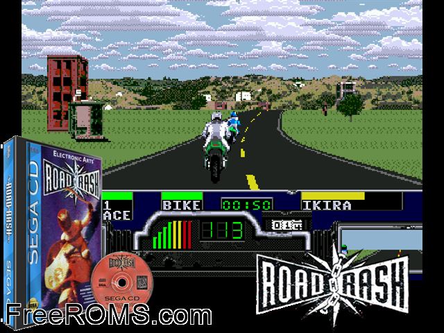 Road Rash Sega CD game showing 3D box cover and gameplay screenshot
