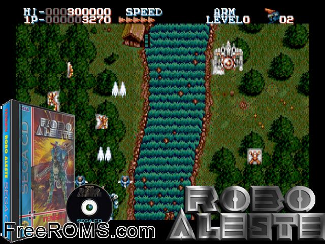Robo Aleste Sega CD game showing 3D box cover and gameplay screenshot
