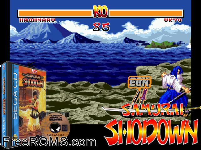 Samurai Shodown Sega CD game showing 3D box cover and gameplay screenshot