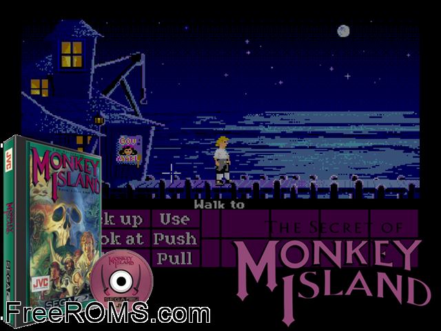 Secret of Monkey Island Sega CD game showing 3D box cover and gameplay screenshot