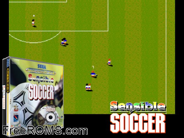 Sensible Soccer Sega CD game showing 3D box cover and gameplay screenshot