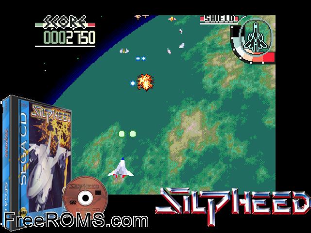 Silpheed Sega CD game showing 3D box cover and gameplay screenshot