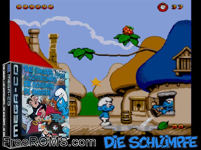 Smurfs Sega CD game showing 3D box cover and gameplay screenshot