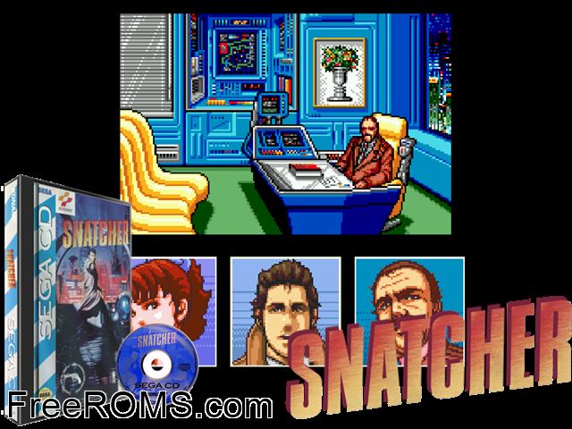 Snatcher Sega CD game showing 3D box cover and gameplay screenshot