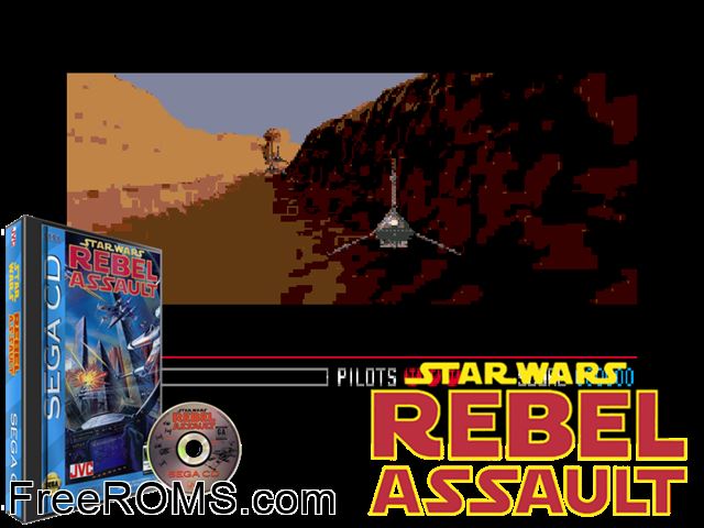 Star Wars - Rebel Assault Sega CD game showing 3D box cover and gameplay screenshot