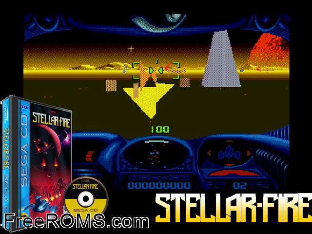 Stellar-Fire Sega CD game showing 3D box cover and gameplay screenshot