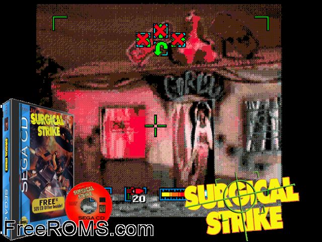 Surgical Strike Sega CD game showing 3D box cover and gameplay screenshot