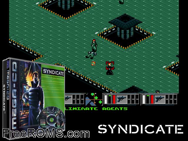 Syndicate Sega CD game showing 3D box cover and gameplay screenshot