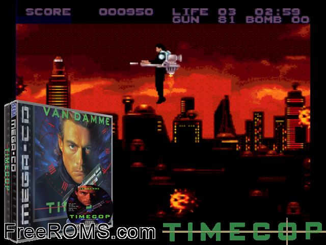 Time Cop Sega CD game showing 3D box cover and gameplay screenshot