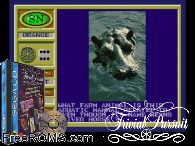 Trivial Pursuit Sega CD game showing 3D box cover and gameplay screenshot
