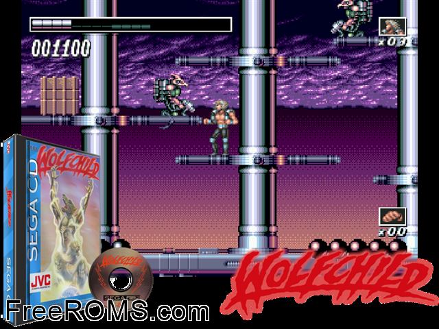 Wolfchild Sega CD game showing 3D box cover and gameplay screenshot