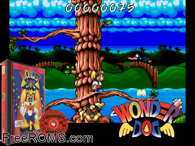 Wonder Dog Sega CD game showing 3D box cover and gameplay screenshot