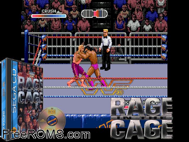 WWF Rage in the Cage Sega CD game showing 3D box cover and gameplay screenshot