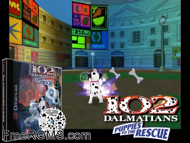 102 Dalmatians - Puppies to the Rescue v1.001 Sega Dreamcast game showing 3D box cover and gameplay screenshot