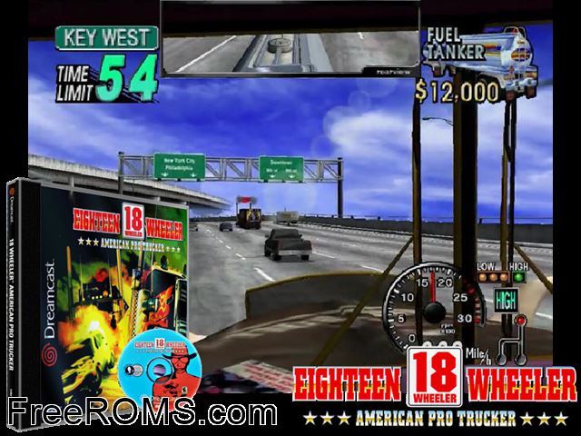 18 Wheeler - American Pro Trucker v1.500 Sega Dreamcast game showing 3D box cover and gameplay screenshot
