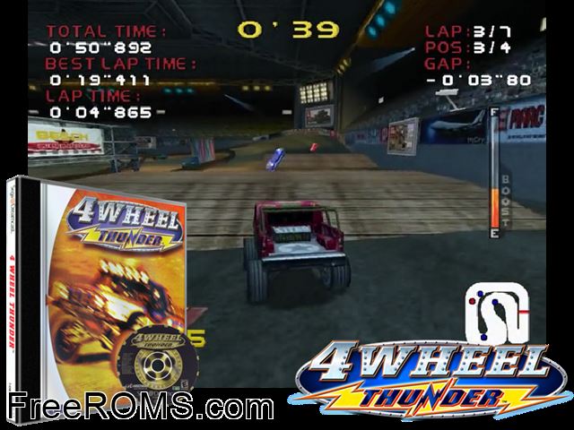 4 Wheel Thunder v1.002 Sega Dreamcast game showing 3D box cover and gameplay screenshot
