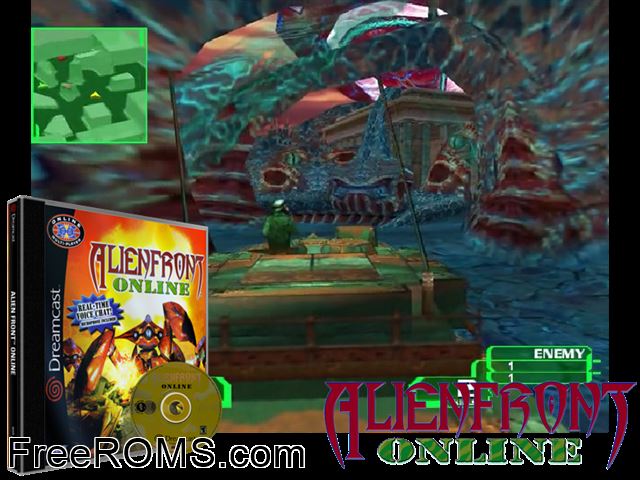 Alien Front Online v1.000 Sega Dreamcast game showing 3D box cover and gameplay screenshot