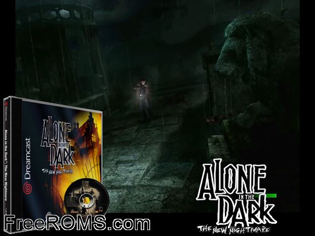 Alone in the Dark - The New Nightmare v1.000 (Disc 1 of 2) Sega Dreamcast game showing 3D box cover and gameplay screenshot