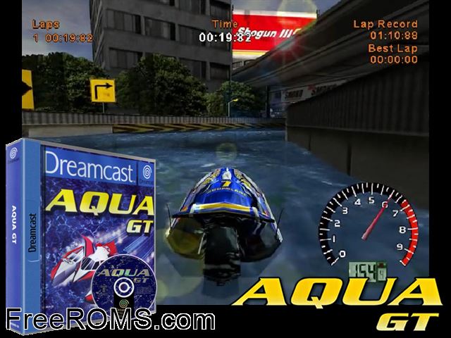 Aqua GT v1.000 (M3) Sega Dreamcast game showing 3D box cover and gameplay screenshot