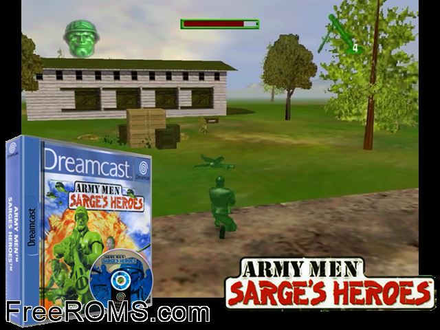 Army Men - Sarges Heroes v1.001 (M5) Sega Dreamcast game showing 3D box cover and gameplay screenshot