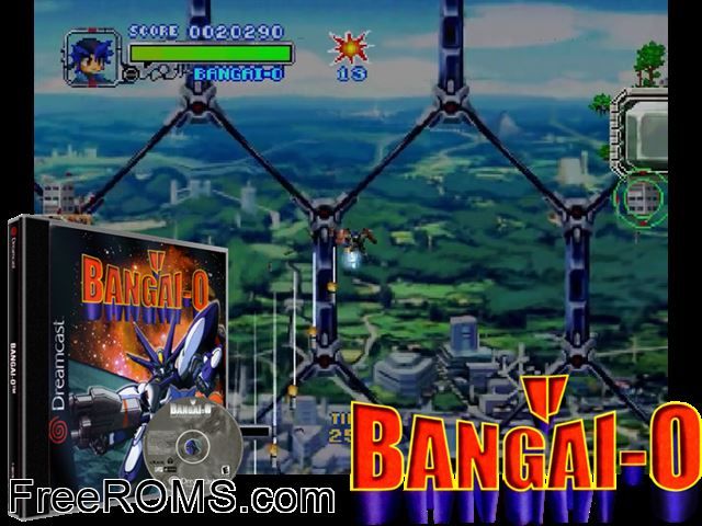 Bangai-O v1.001 Sega Dreamcast game showing 3D box cover and gameplay screenshot