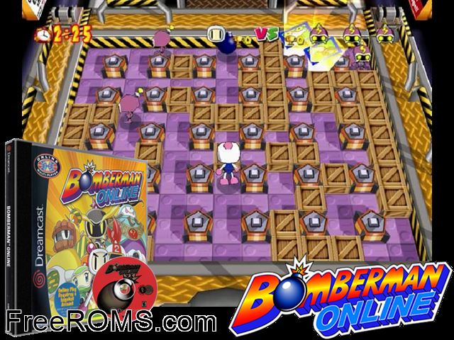 Bomberman Online v1.004 Sega Dreamcast game showing 3D box cover and gameplay screenshot
