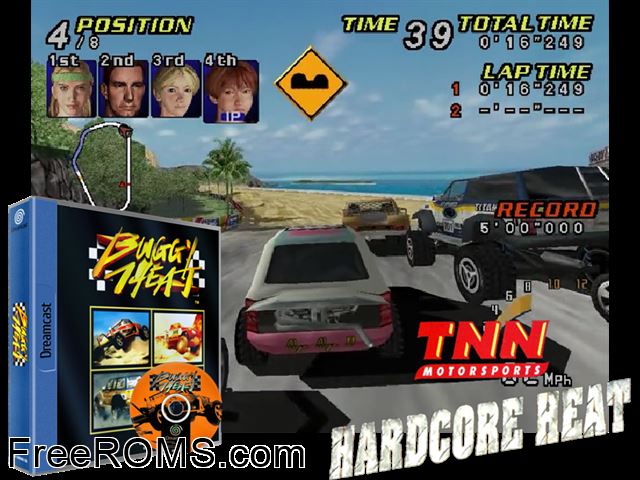 Buggy Heat v1.001 (M4) Sega Dreamcast game showing 3D box cover and gameplay screenshot