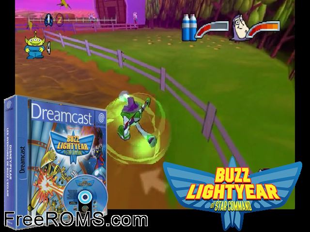 Buzz Lightyear of Star Command v1.001 Sega Dreamcast game showing 3D box cover and gameplay screenshot