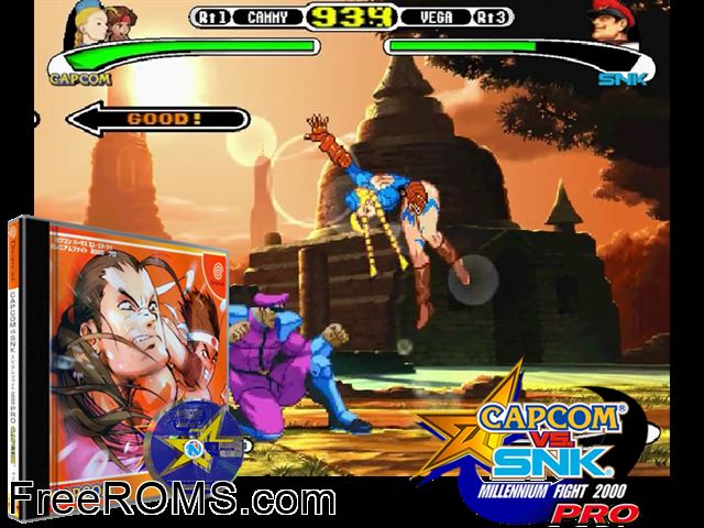 Capcom vs. SNK - Millennium Fight 2000 Pro v1.001 (JP) Sega Dreamcast game showing 3D box cover and gameplay screenshot