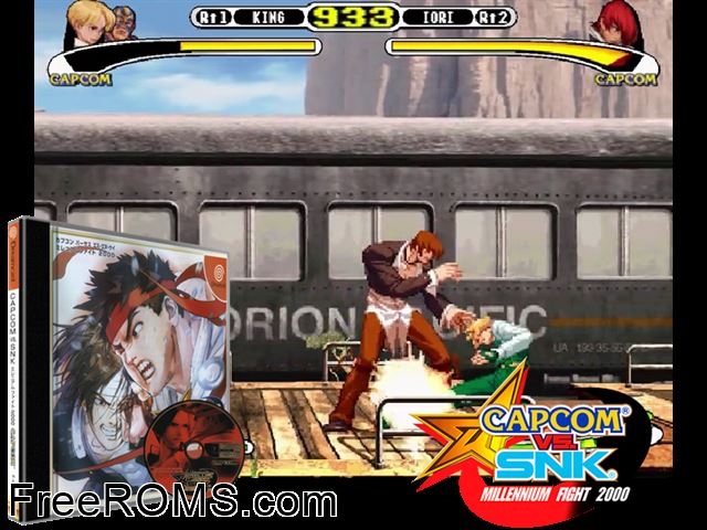 Capcom vs. SNK - Millennium Fight 2000 v2.000 (JP) Sega Dreamcast game showing 3D box cover and gameplay screenshot