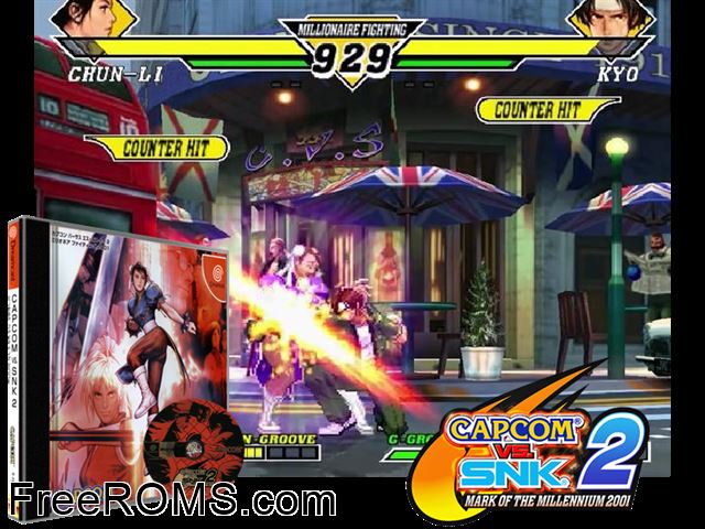 Capcom vs. SNK 2 - Millionaire Fighting 2001 v1.001 (JP) Sega Dreamcast game showing 3D box cover and gameplay screenshot