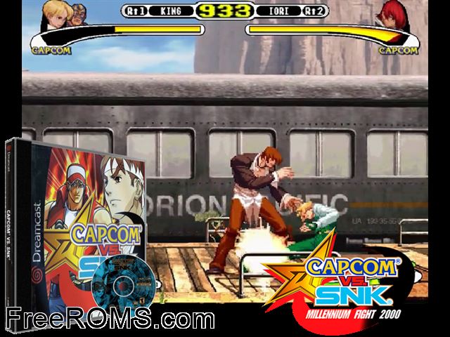 Capcom vs. SNK v1.001 Sega Dreamcast game showing 3D box cover and gameplay screenshot