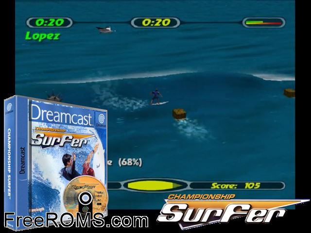 Championship Surfer v1.002 Sega Dreamcast game showing 3D box cover and gameplay screenshot