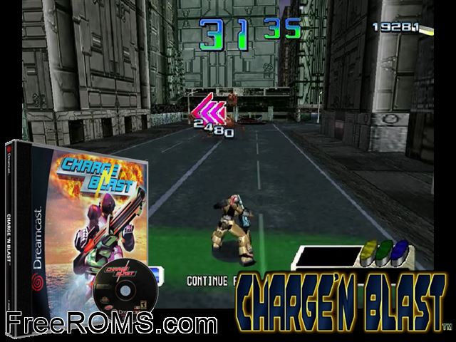 Charge n Blast v1.000 Sega Dreamcast game showing 3D box cover and gameplay screenshot