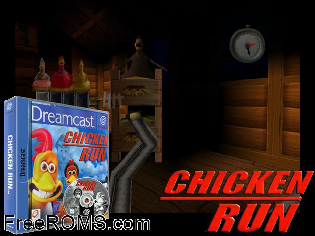 Chicken Run v1.000 (M4) Sega Dreamcast game showing 3D box cover and gameplay screenshot