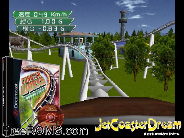Coaster Works v1.002 Sega Dreamcast game showing 3D box cover and gameplay screenshot