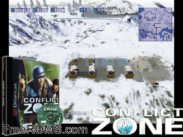 Conflict Zone - Modern War Strategy v1.002 Sega Dreamcast game showing 3D box cover and gameplay screenshot