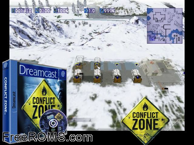 Conflict Zone v1.000 (M3) Sega Dreamcast game showing 3D box cover and gameplay screenshot