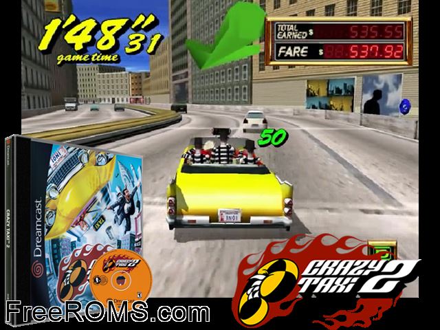 Crazy Taxi 2 v1.004 Sega Dreamcast game showing 3D box cover and gameplay screenshot