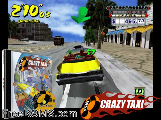 Crazy Taxi v1.004 Sega Dreamcast game showing 3D box cover and gameplay screenshot