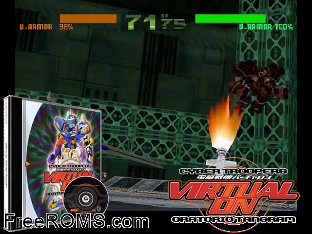Cyber Troopers - Virtual On - Oratorio Tangram v1.000 Sega Dreamcast game showing 3D box cover and gameplay screenshot