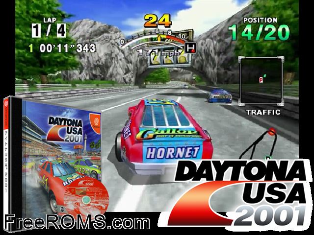 Daytona USA 2001 v1.024 (JP) Sega Dreamcast game showing 3D box cover and gameplay screenshot