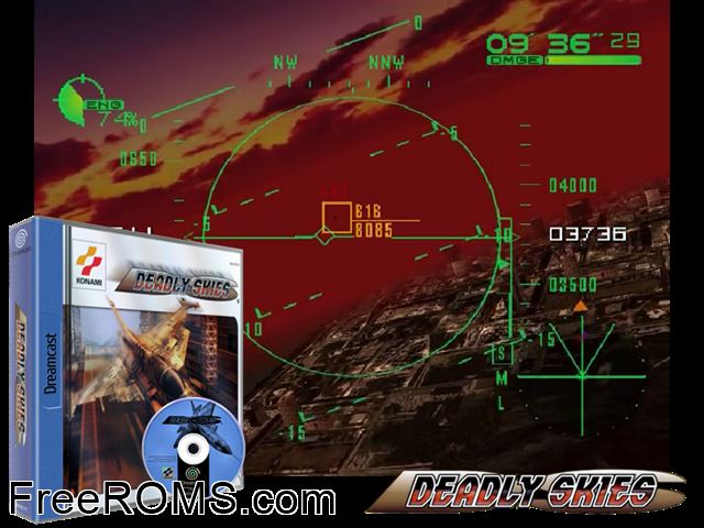 Deadly Skies v1.003 (M5) Sega Dreamcast game showing 3D box cover and gameplay screenshot
