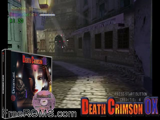 Death Crimson OX v1.001 Sega Dreamcast game showing 3D box cover and gameplay screenshot